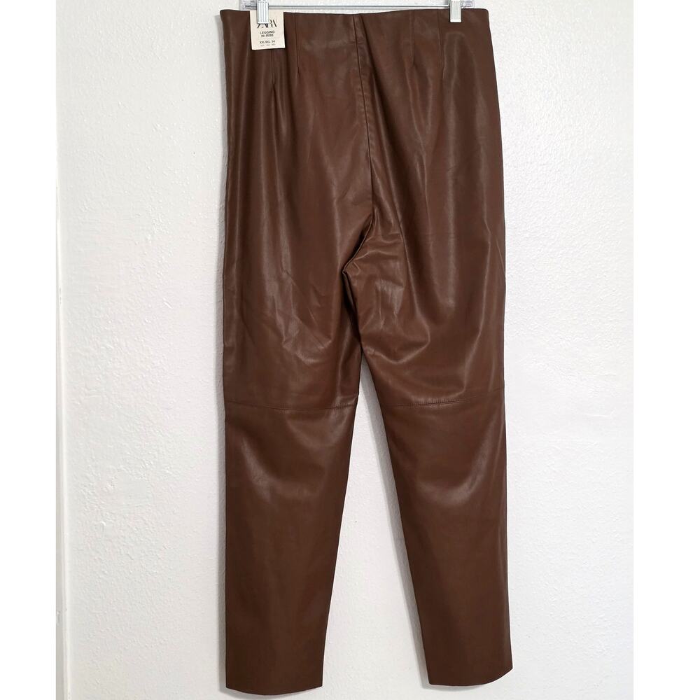Zara Brown High Waisted Faux Leather Leggings Vegan Cognac Suede Lined Pants - Picture 5 of 14